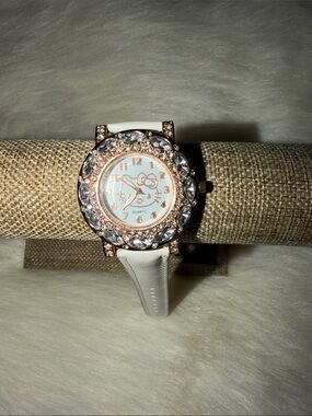 Hello Kitty Rose Gold Crystal Bezel White Leather Strap Watch